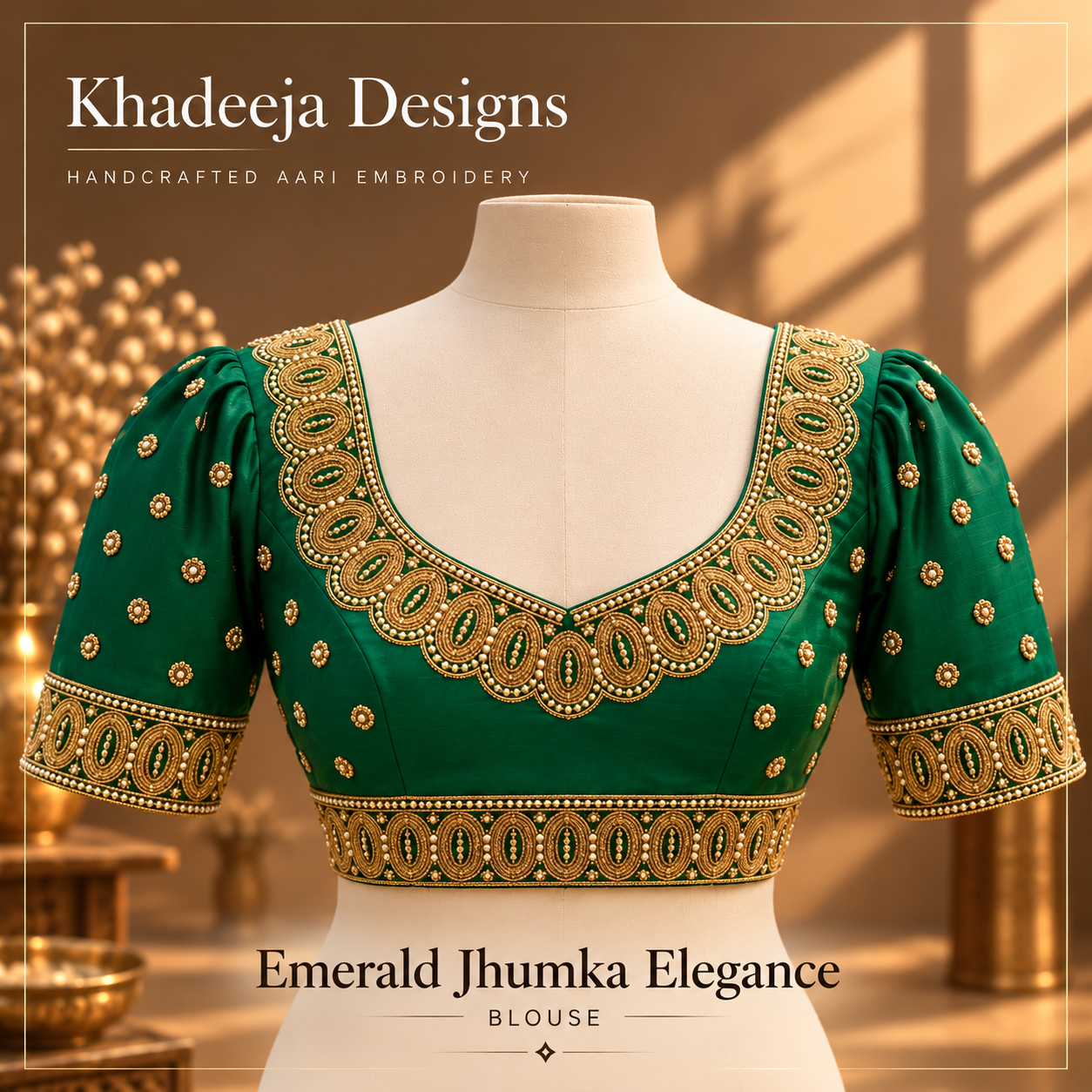 emerald green and gold bridal Aari embroidered blouse design